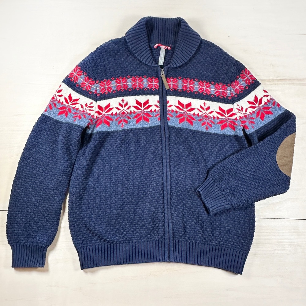 Hanna Andersson Mens Nordic Fair Isle Full Zip Sweater M Blue Red